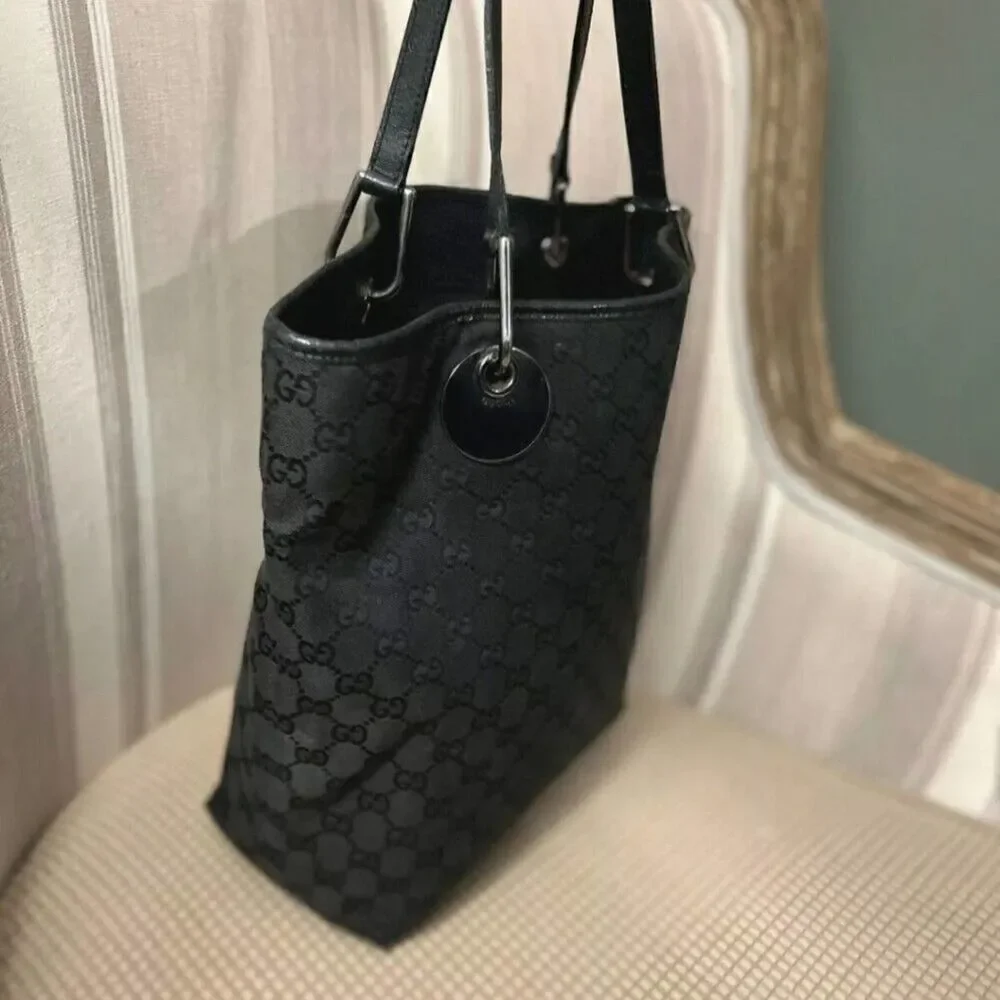 Authentic GUCCI BLACK ECLIPE  Monogram Fabric & LEATHER Tote Bag  120836-112958